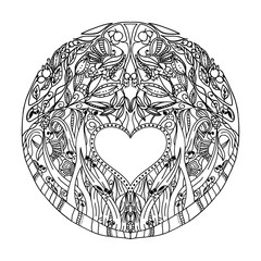 Decorative hand pattern with the image of forest nature for book coloring pages for adults. Antistress. Vector