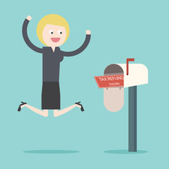 Obraz premium Businesswoman got Tax refund cheque in mailbox. TAX refund check. TAX spending. Flat design business financial marketing commercial banking web minimal concept cartoon illustration.