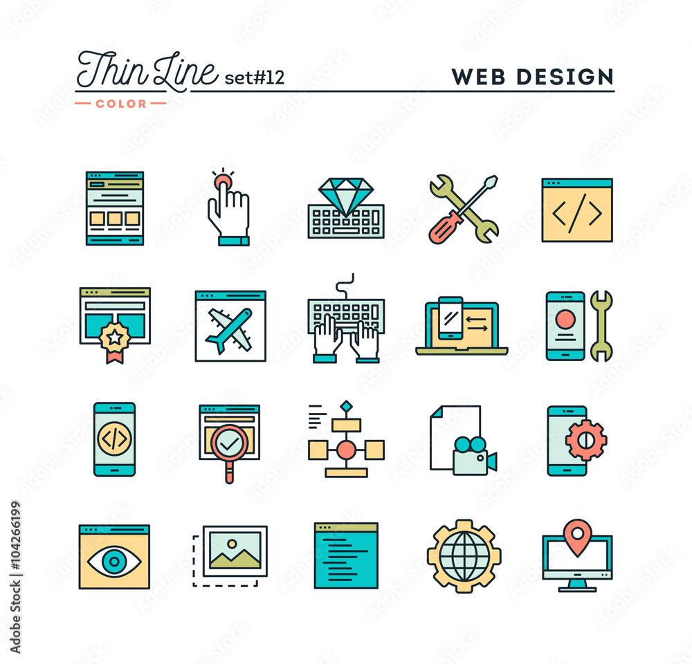 Wall mural web design, coding, responsive, app development and more, thin line color icons set, vector illustra