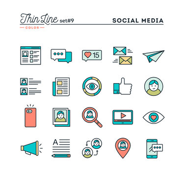 Social media, communication, personal profile, online posting and more, thin line color icons set, vector illustration