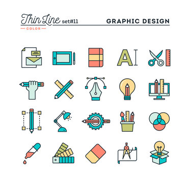 Graphic design, creative package, stationary, software and more, thin line color icons set, vector illustration