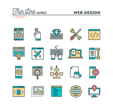 Web design, coding, responsive, app development and more, thin line color icons set, vector illustration