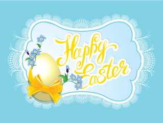 Vintage horizontal card with spring forget-me-not flowers, bow a