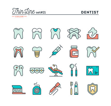 Dentist, dental care, healthy teeth, protection and more, thin line color icons set, vector illustration