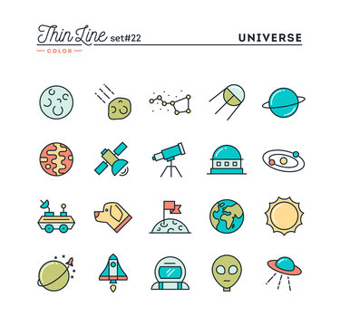 Universe, celestial bodies, rocket launching, astronomy and more, thin line color icons set, vector illustration