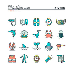 Scuba diving, underwater animals, equipment, certificate and more, thin line color icons set, vector illustration