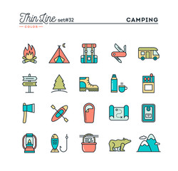 Camping, hiking, wilderness, adventure and more, thin line color icons set, vector illustration