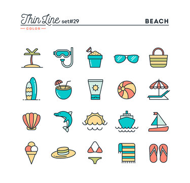 Tropical beach, summer, vacation, cruising and more, thin line color icons set, vector illustration