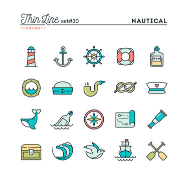 Nautical, sailing, sea animals, marine and more, thin line color icons set, vector illustration