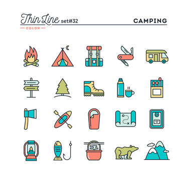 Camping, hiking, wilderness, adventure and more, thin line color icons set, vector illustration
