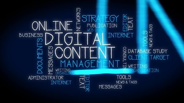 Digital Content Management CM online edition publisher community manager words tag cloud social networks white text administrator blue animation