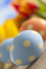 Painted Easter eggs and colorful spring flowers on sky backgroun