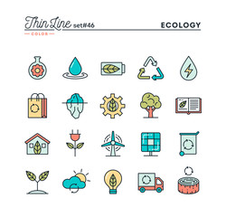 Ecology, nature, clean energy, recycling and more, thin line color icons set, vector illustration - 104268987