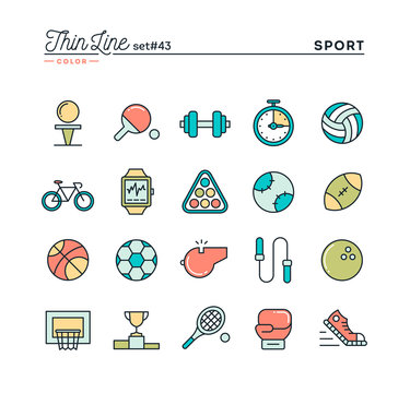 Sports, recreation, work out, equipment and more, thin line color icons set, vector illustration
