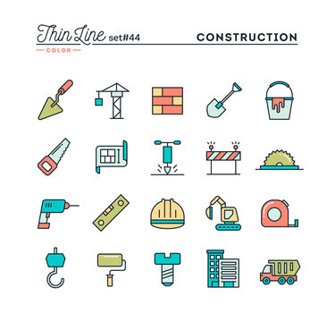 Construction, building, project, tools and more, thin line color icons set, vector illustration