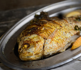 Baked carp fish on a metal plate