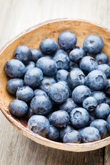 Blueberries in a bowl on a wooden table.