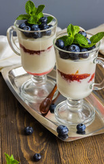 mousse of yoghurt with blueberries and raspberries, and decorated with blueberries and mint