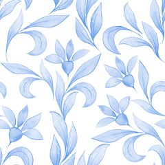 Fototapeta na wymiar Pattern with blue leaves. Seamless watercolor background for design 7