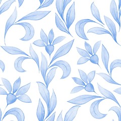 Fototapeta premium Pattern with blue leaves. Seamless watercolor background for design 7