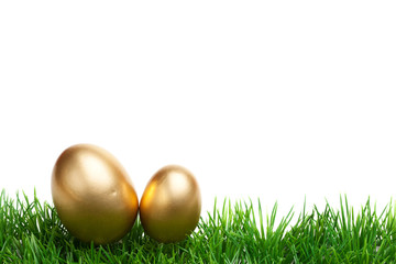Goldene Schokolade Eier für Ostern im Gras, Freisteller mit Textfreiraum