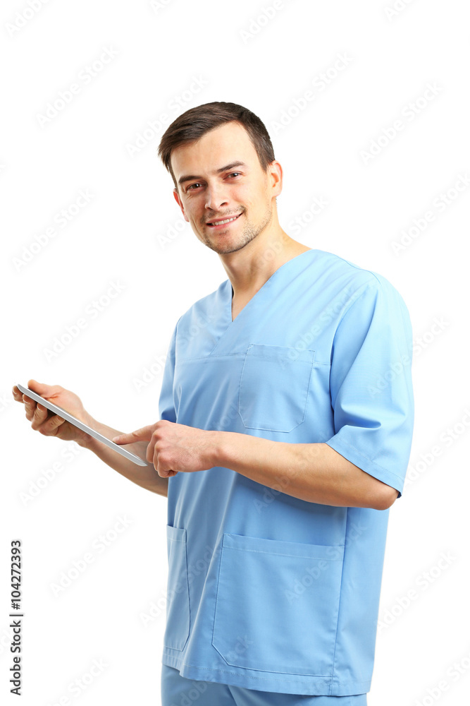 Poster doctor with tablet isolated on white