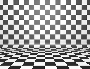 Black and white checkerboard background with copy space.