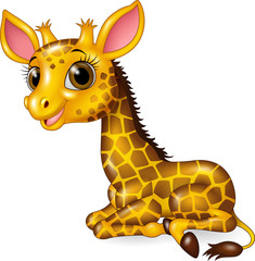 Obraz premium Cartoon funny baby giraffe sitting isolated on white background