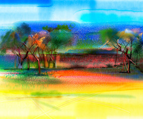 Abstract colorful landscape painting. Oil painting mix watercolor technic on paper. Semi- abstract image of tree and field in yellow and red with blue sky. Spring season nature background