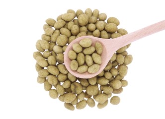 Roasted Hot Chili Coated Peanuts in wooden spoon isolated on white
