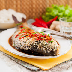 Asian Style Baked Fish With Chili, Ginger and Soy Sauce Dressing