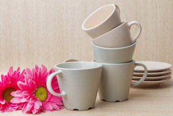 Coffee cups collection on wooden background