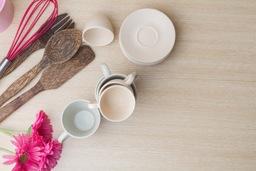 Coffee cups collection on wooden background