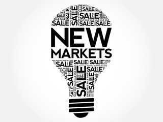 New Markets bulb word cloud, business concept background