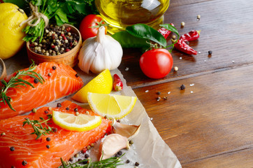 Raw salmon on baking paper