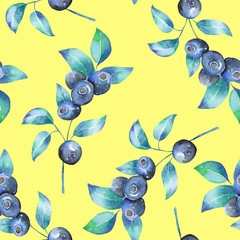 A seamless pattern with the blueberries branches, hand-drawn in a watercolor on a yellow background