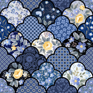 seamless floral patchwork pattern with roses and meadow flowers