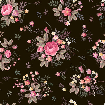 seamless floral pattern with rose bouquet on dark background