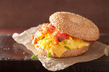 breakfast sandwich on bagel with egg bacon cheese