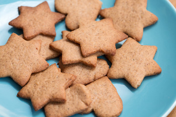 Tasty homemade ginger cookies on a blue plate