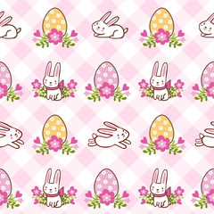 Happy Easter pattern with chicks and eggs. Vector seamless illustration with chicken and eggs on Easter theme.