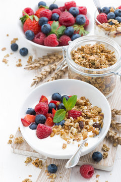 healthy breakfast with natural yogurt, muesli and berries