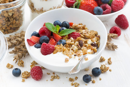 healthy breakfast with natural yogurt, muesli and fresh berries