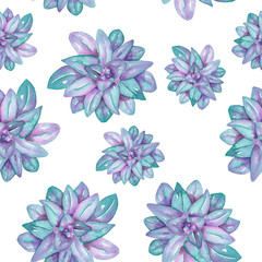 A seamless pattern with the watercolor blue succulents, hand-drawn on a white background