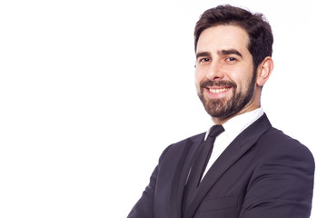 Portrait of a happy smiling business man, isolated on white back