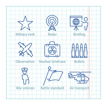 Vector thin line icons set for military infographics, mobile game UX,UI on paper background