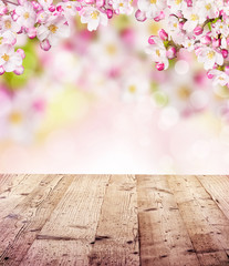 Naklejka na ściany i meble Cherry blossoms with empty wooden planks