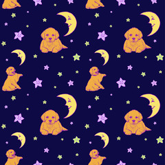 Vector seamless pattern with dogs stars and demilune on the navy blue background - Illustration