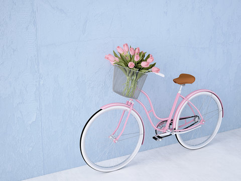 retro vintage bicycle old and blue wall. 3d rendering