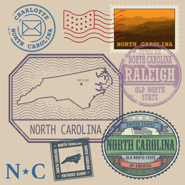 Stamp set with the name and map of North Carolina, United States